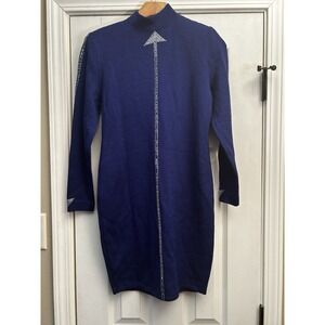 St. John Blue Knit Sequin Midi Dress Size 2 Career Classy Long Sleeve